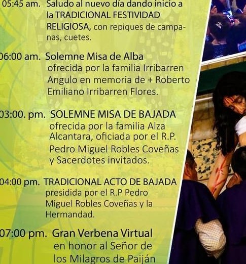ESTE JUEVES 21 SERA MISA DE BAJADA DEL SANTO PATRON Sr. DE LOS MILAGROS DE PAIJAN